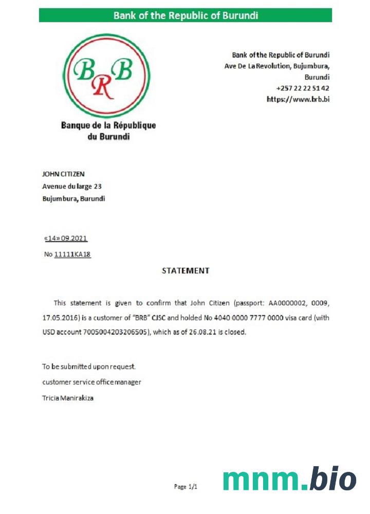 Burundi Bank Republiki Burundi przykład odniesienia zamknięcia w formatach Word i PDF
